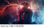 girl has severe headache, migraine, magnetic storm, solar flares. Стоковое AI-изображение, AI-художник Ольга Ильина / Фотобанк Лори