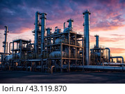 Petroleum industrial plant with pipeline and pipe rack at sunset sky background. View of chemical factory. Industrialization and industry technology concept. Gen ai illustration. Copy ad text space. Стоковое AI-изображение, AI-художник Aleksandr Golubev / Фотобанк Лори