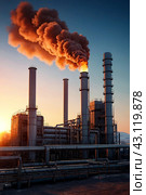 Industrial factory with furnace and heat exchanger cracking hydrocarbons, sunset. Equipment petrochemical plant. Manufacturing and industry technology concept. Gen ai illustration. Copy ad text space. Стоковое AI-изображение, AI-художник Aleksandr Golubev / Фотобанк Лори