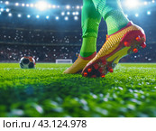 Soccer Player on Field Ready to Kick. Стоковое AI-изображение, AI-художник Кирилл Черезов / Фотобанк Лори