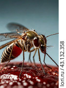 Mosquitoes (Aedes aegypti) sucking human blood, close up. Close-up of striped mosquito on human skin, macro photo. Carriers of dengue fever and malaria concept. Gen ai illustrate. Copy ad text space. Стоковое AI-изображение, AI-художник Aleksandr Golubev / Фотобанк Лори