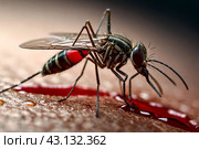 Mosquitoes (Aedes aegypti) sucking human blood, close up. Close-up of striped mosquito on human skin, macro photo. Carriers of dengue fever and malaria concept. Gen ai illustrate. Copy ad text space. Стоковое AI-изображение, AI-художник Aleksandr Golubev / Фотобанк Лори