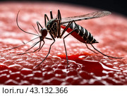 Mosquitoes (Aedes aegypti) sucking human blood, close up. Close-up of striped mosquito on human skin, macro photo. Carriers of dengue fever and malaria concept. Gen ai illustrate. Copy ad text space. Стоковое AI-изображение, AI-художник Aleksandr Golubev / Фотобанк Лори