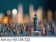 Tiny Figure Stands Victorious on Metropolis, miniature woman triumphantly stands atop bustling city, defying scale with remarkable, awe-inspiring resolve. Стоковое AI-изображение, AI-художник Данила Большаков / Фотобанк Лори