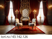 Old white and gold Royal chair with red curtains and candelabra in medieval vintage room. Throne for king in castle. Background in architecture or retro interior design. Copy space, text place. Стоковое AI-изображение, AI-художник Aleksandr Golubev / Фотобанк Лори