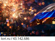 Флаг России на фоне праздничного салюта. Стоковое AI-изображение, AI-художник Щеголева Ольга / Фотобанк Лори