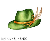 Bavarian green felt hat with feathers watercolor illustration. Oktoberfest concept traditional hat. Isolated from the background. Design element for festival, shop, market, poster, banner. Стоковая иллюстрация, иллюстратор Андрей Золотарев / Фотобанк Лори