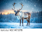 Reindeer graze against the background of a winter tundra landscape. Snow is falling. Snowstorm. Стоковое AI-изображение, AI-художник Photojuli / Фотобанк Лори