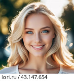 Portrait of a smiling beautiful young blonde girl or woman with straight flowing hair, blue eyes, long eyelashes and white teeth. Sunny weather in the background. Joy and happiness. Generated AI. Стоковое AI-изображение, AI-художник Юлия Петровская / Фотобанк Лори