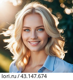 Portrait of a smiling beautiful young blonde girl or woman with straight flowing hair, blue eyes, long eyelashes and white teeth. Sunny weather in the background. Joy and happiness. Generated AI. Стоковое AI-изображение, AI-художник Юлия Петровская / Фотобанк Лори