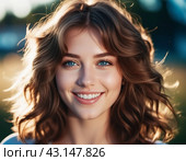 Portrait of a smiling beautiful young portrait of a brown-haired girl or woman with straight flowing hair, blue eyes,plump lips, long eyelashes and white teeth. Sunny weather. Joy and happiness. AI. Стоковое AI-изображение, AI-художник Юлия Петровская / Фотобанк Лори