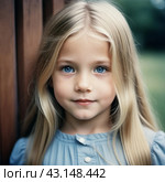 Portrait of a small beautiful pretty Caucasian girl with long blond flowing hair, blue eyes and chubby cheeks. Child outdoors. Direct, intelligent, calm, curious look. Childhood, retro vintage. AI. Стоковое AI-изображение, AI-художник Юлия Петровская / Фотобанк Лори