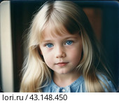 Portrait of a small beautiful pretty Caucasian girl with long blond flowing hair, blue eyes and chubby cheeks. Child outdoors. Direct, intelligent, calm, curious look. Childhood, retro vintage. AI. Стоковое AI-изображение, AI-художник Юлия Петровская / Фотобанк Лори