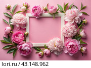 A frame with beautiful peony flowers on a pastel pink background. Flat layout, top view, place to copy, summer flowers. Стоковое AI-изображение, AI-художник Photojuli / Фотобанк Лори