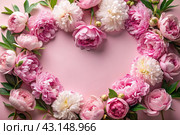 A heart-shaped frame with beautiful peony flowers on a pastel pink background. Flat layout, top view, place to copy, summer flowers. Стоковое AI-изображение, AI-художник Photojuli / Фотобанк Лори