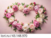A heart-shaped frame with beautiful peony flowers on a pastel pink background. Flat layout, top view, place to copy, summer flowers. Стоковое AI-изображение, AI-художник Photojuli / Фотобанк Лори