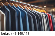 Men's clothes are hanging on a hanger in a clothing store. Стоковое AI-видео, аниматор Терехова Марина / Фотобанк Лори