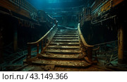 gloomy interior with a luxurious staircase of the sunken ship Titanic in the rays of light passing through the depths of the ocean. Стоковое AI-изображение, AI-художник Александр Довянский / Фотобанк Лори