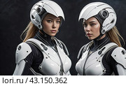 Two White sci-fi female armor with cybernetic helmet, insulated armor, spacesuit. Futuristic android soldier woman in bulletproof armor, military cyborg girl without any weapon on dark background, AI. Стоковое AI-изображение, AI-художник Sergey Grishin / Фотобанк Лори