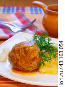 Мясные тефтели с картофельным пюре на тарелке. Стоковое фото, фотограф Дорощенко Элла / Фотобанк Лори