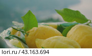 Lemons with leaves rest on a porcelain dish on a balcony. Verdant leaves complement the ripe fruit, set before a blurred seascape. Стоковое видео, видеограф Ольга Сухарева / Фотобанк Лори