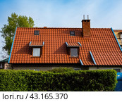 Roof of a house made of red tiles with a chimney and attic. Стоковое фото, фотограф Наталья Симакова / Фотобанк Лори