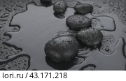 Замедленная съемка. Зигзаг из черных камней и капля воды, падающая на черном фоне. Крупный план. Slow motion. Zigzag of black stones and a drop of water falling on a black background. Стоковое видео, видеограф Александр Собко / Фотобанк Лори