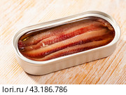 Close-up of canned anchovy fillet in oil on wooden surface. Стоковое фото, фотограф Яков Филимонов / Фотобанк Лори