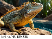 land iguana (Conolophus subcristatus) endemic to Galapagos islands. Lizards (Conolophus) in tropical animal world. Observation of wildlife area. Holiday adventure in Ecuador. Стоковое AI-изображение, AI-художник Aleksandr Golubev / Фотобанк Лори