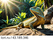 land iguana (Conolophus subcristatus) endemic to Galapagos islands. Lizards (Conolophus) in tropical animal world. Observation of wildlife area. Holiday adventure in Ecuador. Стоковое AI-изображение, AI-художник Aleksandr Golubev / Фотобанк Лори