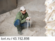 Man farmer checking quality of maize flour. Стоковое фото, фотограф Яков Филимонов / Фотобанк Лори