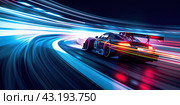 Racing a high-speed sports car on a neon highway at night. created by artificial intelligence. Стоковое AI-изображение, AI-художник Ярославский Максим / Фотобанк Лори