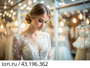 Rental and purchase of wedding dresses for events. Close-up. A beautiful girl, nevesna, tries on an elegant white wedding dress in a luxury bridal salon store. Стоковое AI-изображение, AI-художник Photojuli / Фотобанк Лори