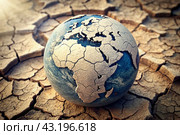 The concept of global warming of the planet earth. Dry and cracked earth, dry due to lack of rain. The effects of climate change. Стоковое AI-изображение, AI-художник Photojuli / Фотобанк Лори