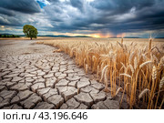 The concept of global warming on planet Earth. Dry and cracked earth and a field of wheat. The farmer's wheat crop is dead, dead, withered. The effects of climate change. Стоковое AI-изображение, AI-художник Photojuli / Фотобанк Лори
