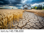 The concept of global warming on planet Earth. Dry and cracked earth and a field of wheat. The farmer's wheat crop is dead, dead, withered. The effects of climate change. Стоковое AI-изображение, AI-художник Photojuli / Фотобанк Лори