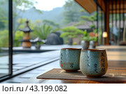 Chinese Ceremony. Brown ceramic pot and brown cup .Green tea on bamboo mat, aged wooden table. Japanese Tea - Hot Teapot And Teacups On Bamboo Mat. Стоковое AI-изображение, AI-художник Ирина Михайличенко / Фотобанк Лори