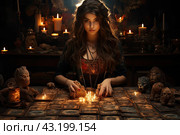 Woman reading tarot cards in spiritual room. Tarot cards in fortune teller hands. Woman mixes tarot cards deck on wooden desk table. Reading future. Стоковое AI-изображение, AI-художник Ирина Михайличенко / Фотобанк Лори
