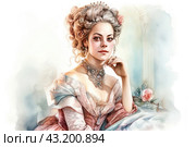 Elegant woman in baroque or rococo style. She wears a luxurious dress in pastel shades with rich details and frills. Around her neck is an exquisite pearl necklace that completes her look. Her hair is styled in an updo, decorated with flowers and jewelry. Стоковое AI-изображение, AI-художник Анна Кривицкая / Фотобанк Лори