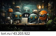 A team of robots gathered around a table in a cozy but somewhat chaotic workshop. The robots have a retro-futuristic design with large round eyes and colorful metal bodies. Some of them are dressed in business suits, giving the appearance of a "business meeting" style meeting. On the table in front of them are a laptop, cups and other items that create an atmosphere of productive work. Стоковое AI-изображение, AI-художник Анна Кривицкая / Фотобанк Лори