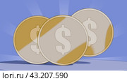 Donations. Money, bank, loans. A gold coin with a dollar symbol is tilted and rotated. Coin for casino. Cartoon style 3coins fall vertically. Стоковая анимация, аниматор Alexander / Фотобанк Лори