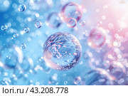 Air bubbles floating in the air against a background of soft blue and pink shades. Light highlights and reflections create the effect of flickering light, giving the scene a magical and fantastic look. The image conveys a feeling of lightness and ephemerality. Стоковое AI-изображение, AI-художник Анна Кривицкая / Фотобанк Лори