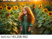 Summer flowering. Portrait of a beautiful curly-haired girl and a green dress in a blooming field of sunflowers Childhood. The girl poses and looks at the camera. Стоковое AI-изображение, AI-художник Photojuli / Фотобанк Лори