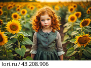 Summer flowering. Portrait of a beautiful curly-haired girl and a green dress in a blooming field of sunflowers Childhood. The girl poses and looks at the camera. Стоковое AI-изображение, AI-художник Photojuli / Фотобанк Лори
