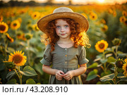 Summer flowering. Portrait of a beautiful curly-haired girl in a straw hat and a green dress in a blooming field of sunflowers Childhood. The girl poses and looks at the camera. Стоковое AI-изображение, AI-художник Photojuli / Фотобанк Лори