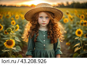 Summer flowering. Portrait of a beautiful curly-haired girl in a straw hat and a green dress in a blooming field of sunflowers Childhood. The girl poses and looks at the camera. Стоковое AI-изображение, AI-художник Photojuli / Фотобанк Лори