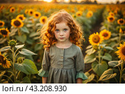 Summer flowering. Portrait of a beautiful curly-haired girl and a green dress in a blooming field of sunflowers Childhood. The girl poses and looks at the camera. Стоковое AI-изображение, AI-художник Photojuli / Фотобанк Лори
