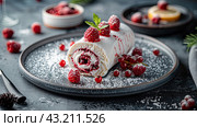 Raspberry roll on a large platter sprinkled with powdered sugar. The concept of an exquisite dessert. Стоковое AI-изображение, AI-художник Ярославский Максим / Фотобанк Лори