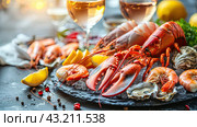 A plate of seafood with a variety of shellfish and fish. The plate is garnished with lemon wedges and dill. Стоковое AI-изображение, AI-художник Ярославский Максим / Фотобанк Лори
