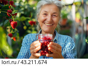 Веселая пенсионерка с баночкой клубничного варенья. Стоковое AI-изображение, AI-художник Щеголева Ольга / Фотобанк Лори